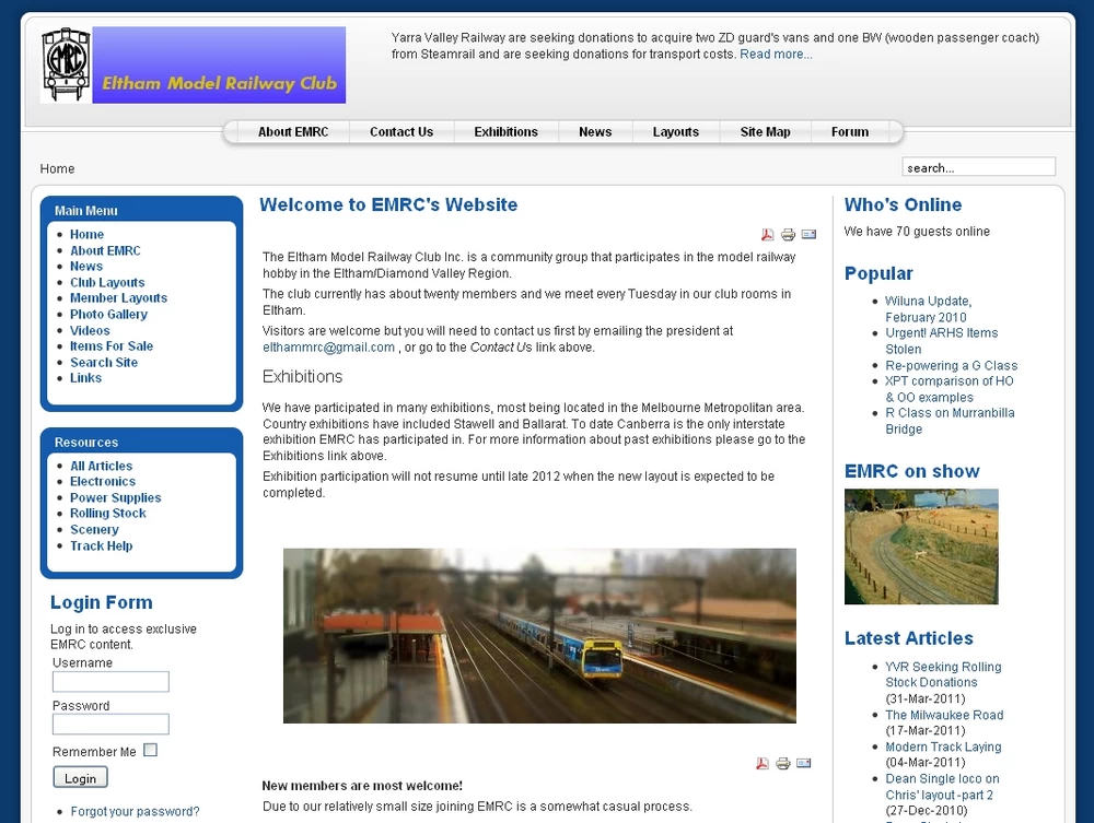 Eltham Model Railway home page. Using Joomla! 1.5, around 2008.