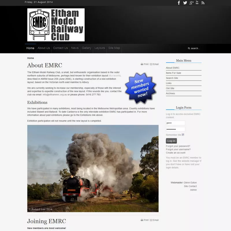 Eltham Model Railway home page. Using Joomla! 3, around 2014.