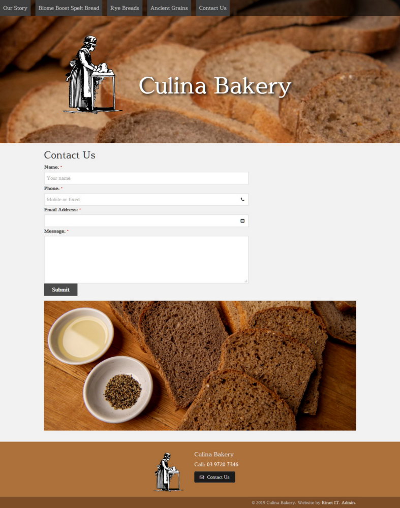 Contact Us page. Culina Bakery website build. March 2019.