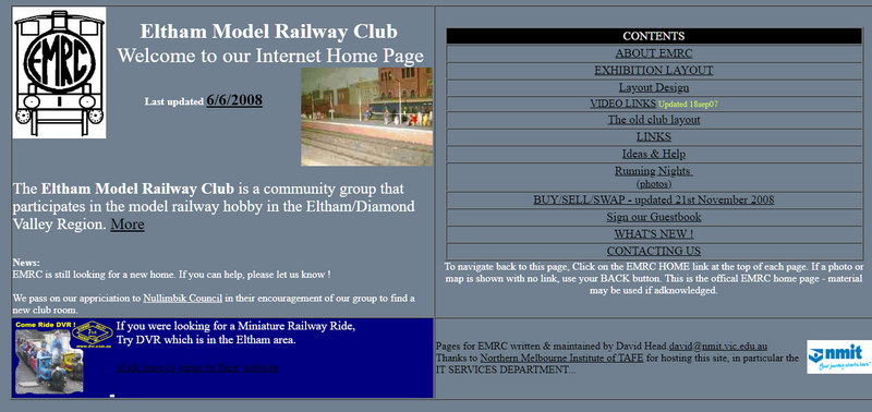 Eltham Model Railway home page. Using HTML, around 2000.