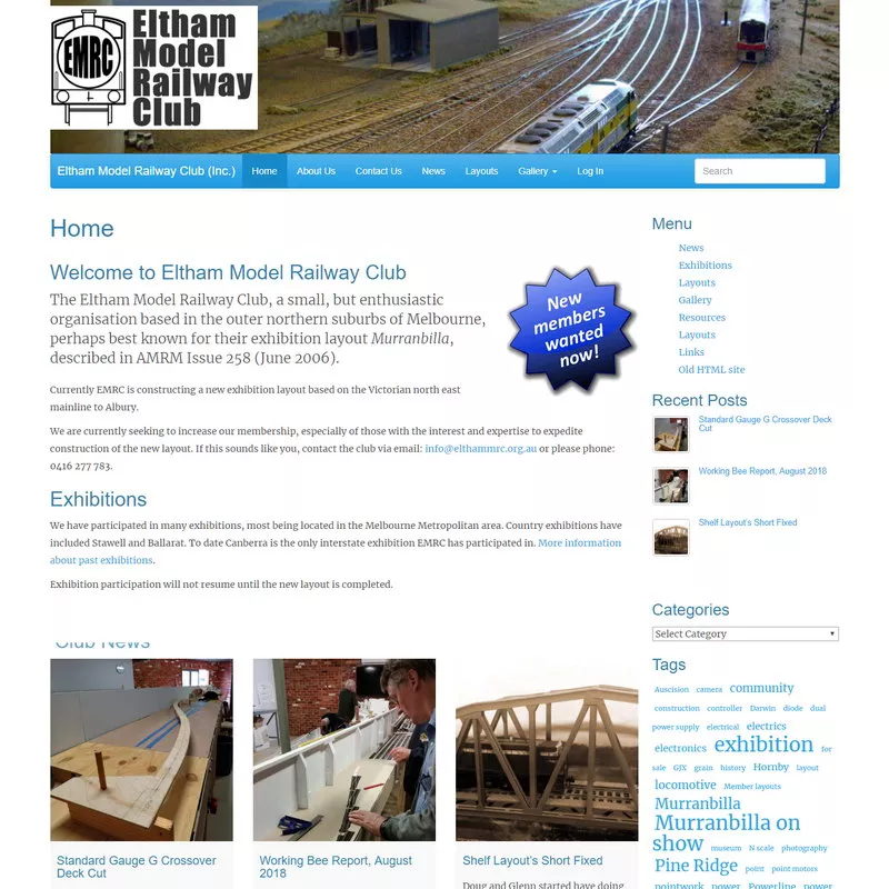 Eltham Model Railway home page. Using WordPress, June  2018.
