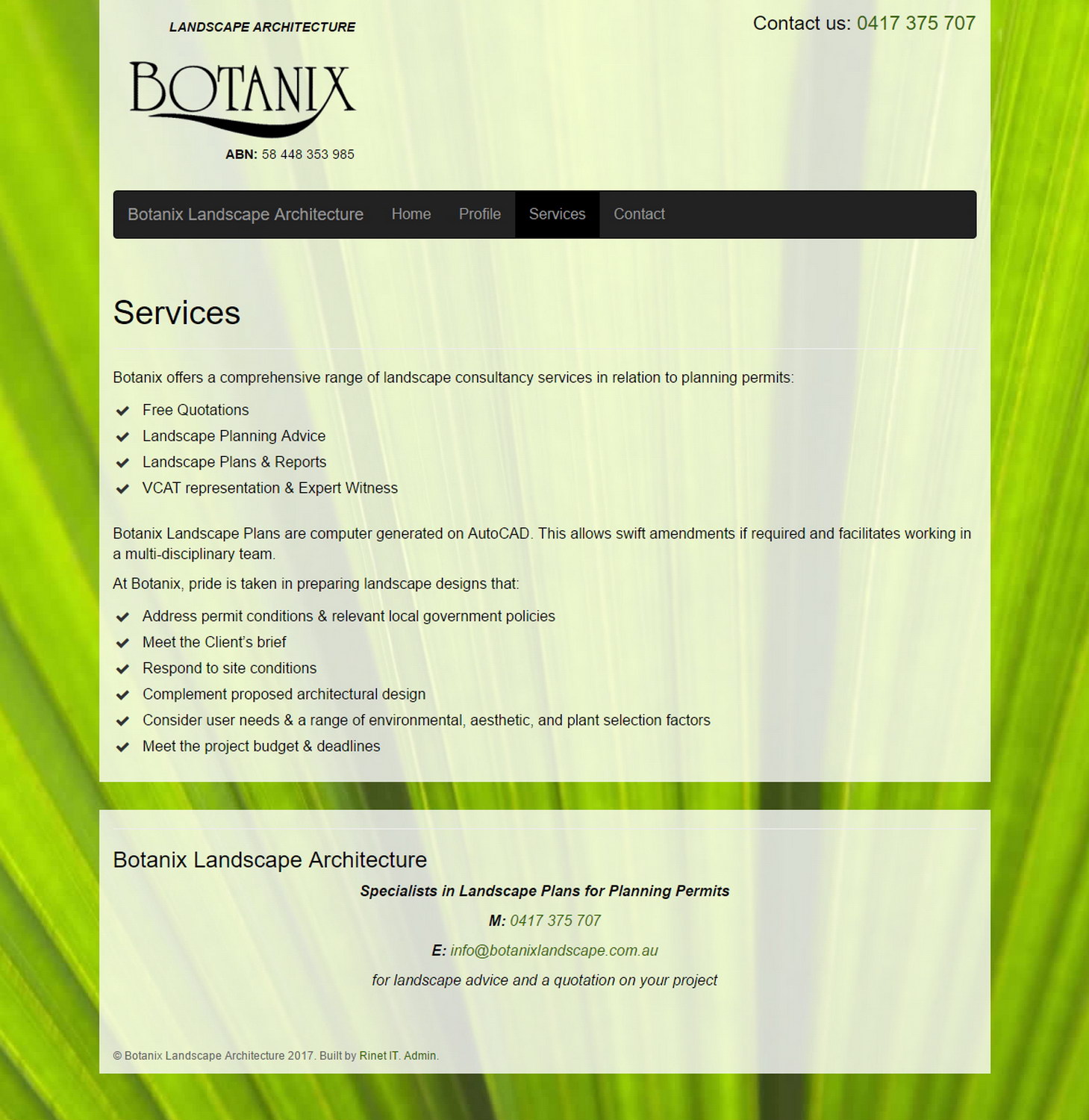 Services page. Botanix Landscape, brochure website.